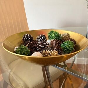 Gold Decorative Bowl with Pinecones and Green Accents